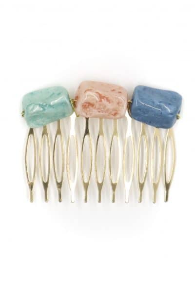 Peinecillo de flamenca mediano piedras nácar color aguamarina, salmón y azul ducado