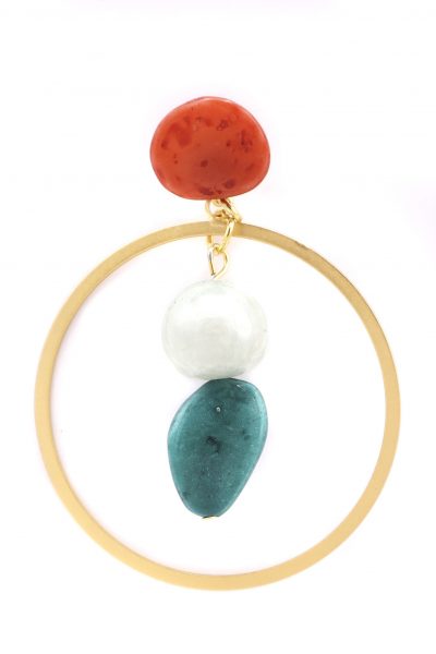 Pendiente de flamenca aro mediano piedras nácar color coral, verde agua y aguamarina