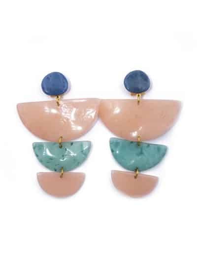 Pendiente de flamenca semicírculos escalonado grande piedras cristal color azul azafata, rosa y verde agua