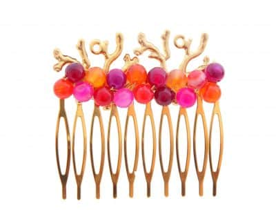 Peinecillo con bolas de piedra Ágata y corales en oro mate