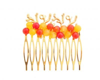 Peinecillo con bolas de piedra Ágata y corales en oro mate