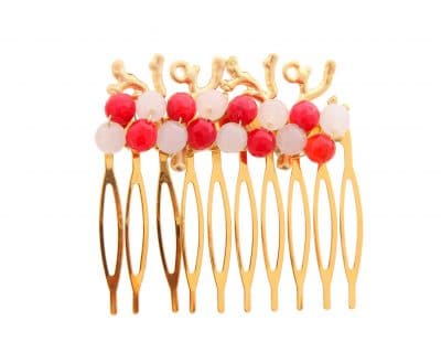 Peinecillo con bolas de piedra Ágata y corales en oro mate