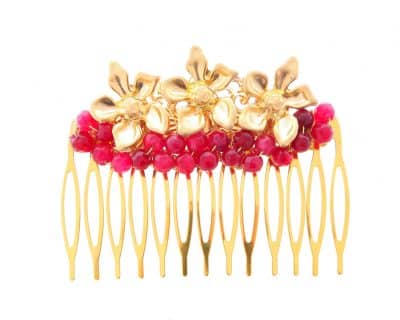 Peinecillo con bolas de piedra Ágata y flores en oro mate