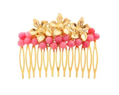 Peinecillo con bolas de piedra Ágata y flores en oro mate