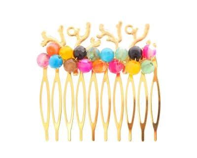 Peinecillo con bolas de piedra Ágata y corales en oro mate