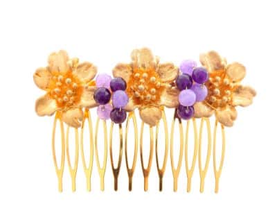 Peinecillo de flores con bolas de piedra Ágata en tonos lila y morado