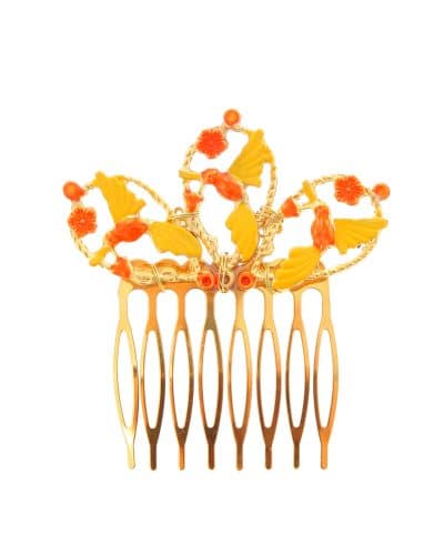 Peinecillo dorado de pájaros pintado en naranja y amarillo
