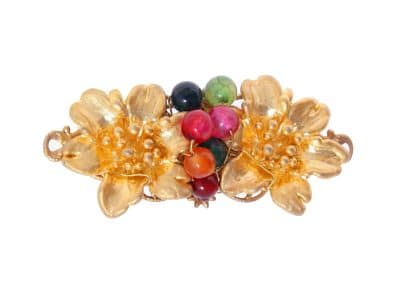 Broche con dos flores y bolas de piedra Ágata en multicolor