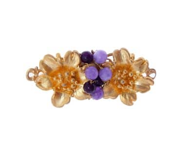 Broche con dos flores y bolas de piedra Ágata en lila y morado