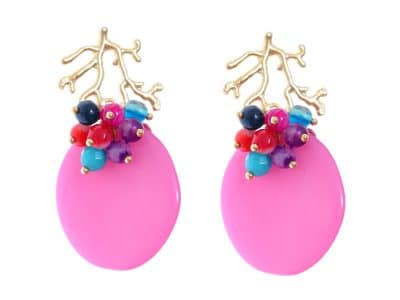 Pendientes buganvillas con bolas de piedra Ágata en multicolor y cabezal de coral