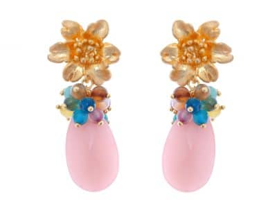 Pendientes rosa bebé con cabezal de flor y bolas de piedra Ágata en multicolor