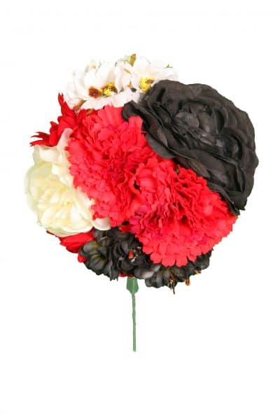 Ramillete tiara de flamenca multicolor en tonos negros, blancos y rojos.