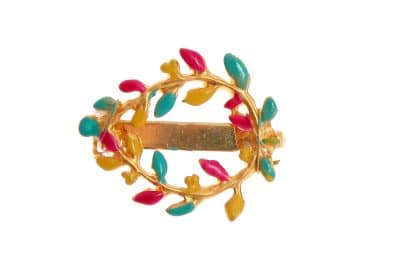 Broche de corona de hojas esmaltado en aguamarina, rosa y amarillo