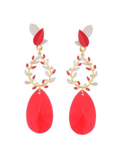 Pendientes de corona de hojas esmaltado en rojo y blanco