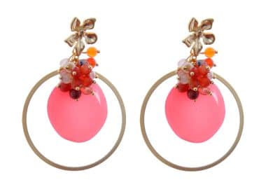 Pendientes corales de aro con bolas de piedra Ágata en tonos corales