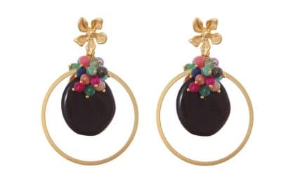 Pendientes negros de aro con bolas de piedra Ágata en multicolor