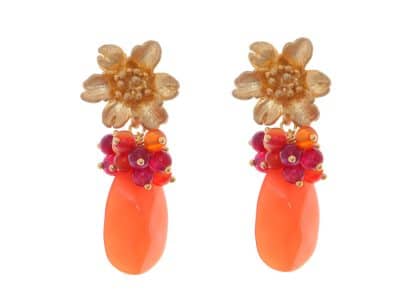 Pendientes Naranjas con cabezal de flor y bolas de piedra Ágata