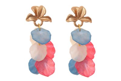 Pendientes de pétalos beige, azul y rosa con cabezal en forma de hojas