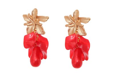 Pendientes de pétalos y piedras nácar en color rojo con cabezal de flor