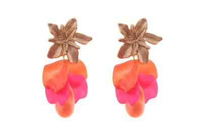 Pendientes de pétalos y piedras nácar en rosa y naranja con cabezal de flor