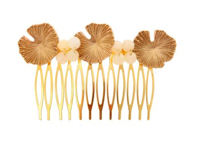 Peinecillo nenúfar con bolas de piedra Ágata en beige