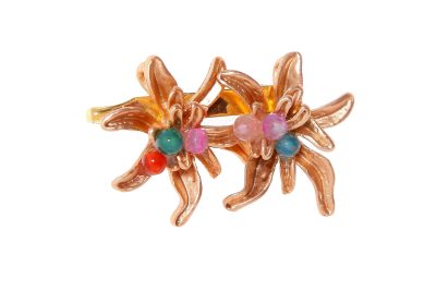 Broche dorado de dos flores con bolas de piedra Ágata en multicolor