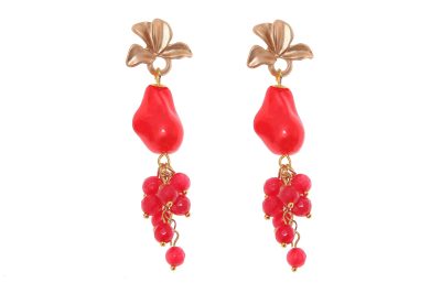 Pendientes de bolas de piedras Ágata y piedras nácar rojas con cabezal de hojas
