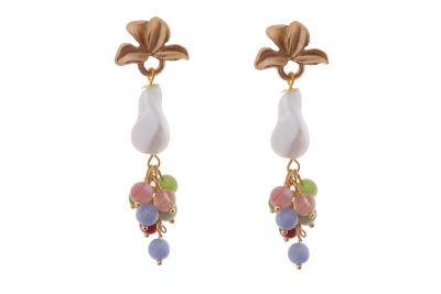 Pendientes de bolas de piedras Ágata y piedras nácar multicolor en tonalidades malva con cabezal de hojas