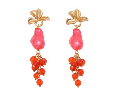 Pendientes de bolas de piedras Ágata y piedras nácar corales con cabezal de hojas