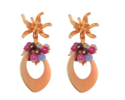 Pendientes de lágrima de oro con bolas de piedra Ágata multicolores en tonos malva y cabezal de flor