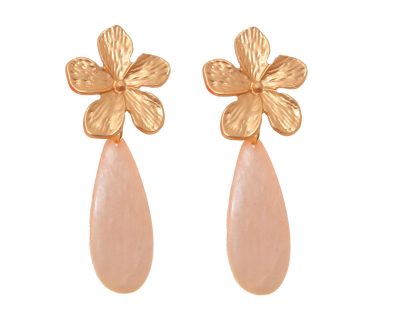 Pendiente de flamenca de lágrima plana de piedra cristal color beige con cabezal de flor