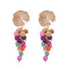 Pendientes de bolas de piedras Ágata multicolor con cabezal de nenúfar