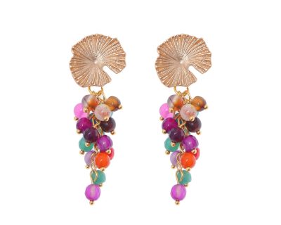 Pendientes de bolas de piedras Ágata multicolor con cabezal de nenúfar