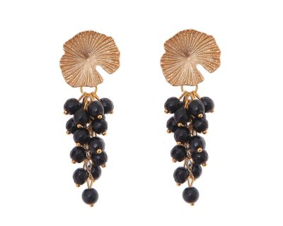 Pendientes de bolas de piedras Ágata negras con cabezal de nenúfar