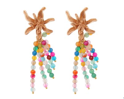 Pendientes de bolas de piedras Ágata multicolor con cabezal de flor