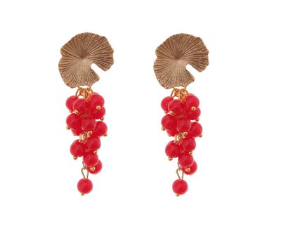 Pendientes de bolas de piedras Ágata rojas con cabezal de nenúfar