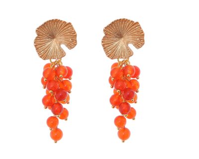 Pendientes de bolas de piedras Ágata corales con cabezal de nenúfar