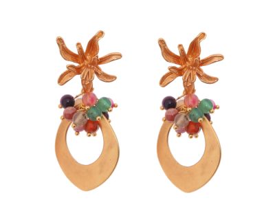 Pendientes de lágrima de oro con bolas de piedra Ágata multicolores y cabezal de flor