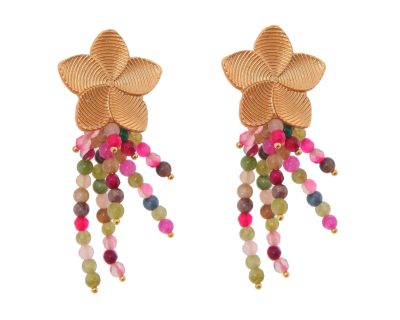 Pendientes de bolas de piedras Ágata multicolor en tonalidad malva con cabezal de flor a rayas
