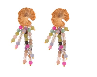 Pendientes de bolas de piedras Ágata multicolor en tonalidad malva con cabezal de nenúfar