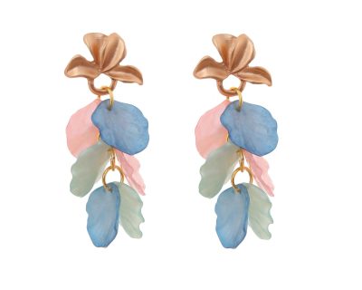 Pendientes de pétalos azul, rosa palo y verde jabonoso con cabezal en forma de hojas