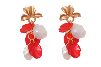 Pendientes de pétalos en rojo y blanco con cabezal en forma de hojas