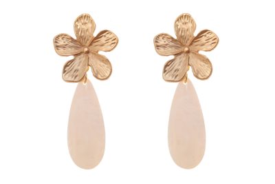 Pendiente de flamenca de lágrima plana de piedra cristal color marfil con cabezal de flor