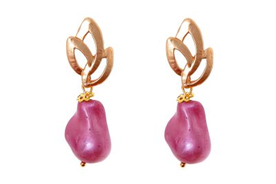 Pendiente de piedras nácar burdeos con cabezal de hojas