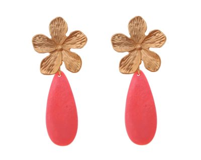 Pendiente de flamenca de lágrima plana de piedra cristal color coral con cabezal de flor
