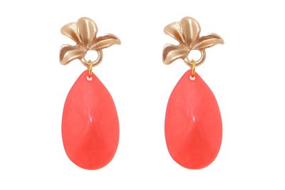 Pendiente de flamenca de lágrima de piedra cristal color coral con cabezal de hojas