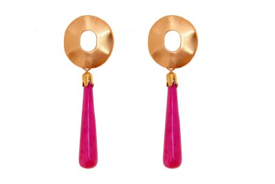 Pendiente de flamenca de lágrima pequeña de piedra cristal color frambuesa cabezal círculo metal