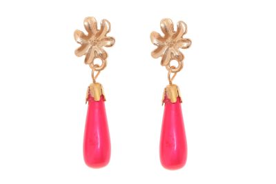 Pendiente lágrima rosa frambuesa con cabezal de flor pequeña