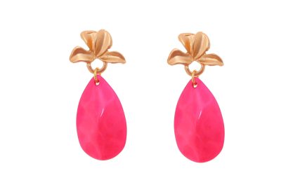 Pendiente de flamenca de lágrima de piedra cristal color rosa frambuesa con cabezal de hojas