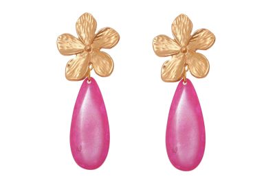 Pendiente de flamenca de lágrima plana de piedra cristal color rosa fucsia con cabezal de flor